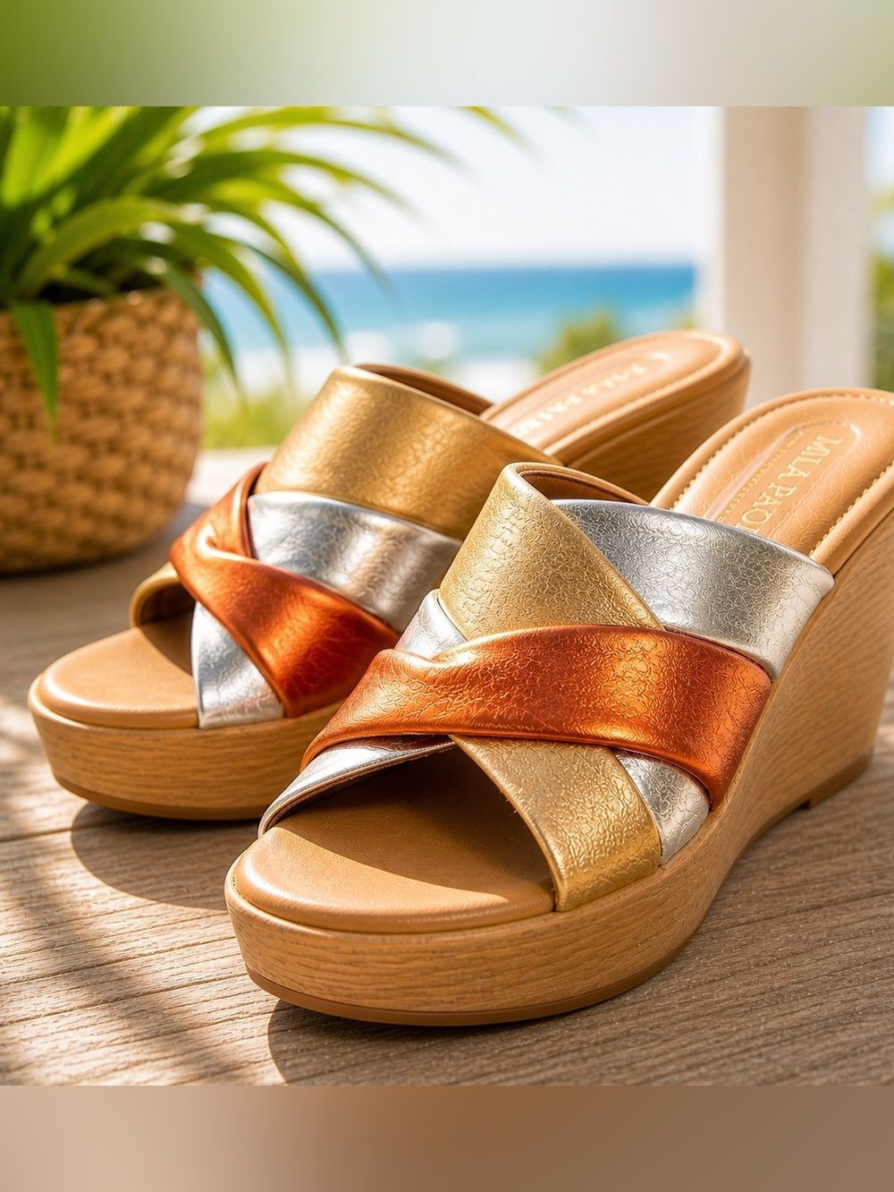 Mila Paoli Italian Leather Wedge Sandals Metallic Platform Slides Women 8.5